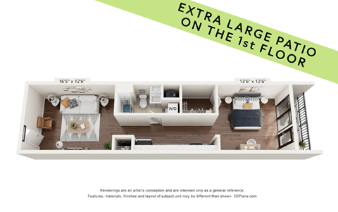 Floor plan for 1 bed, 1 bath, 650 sqft